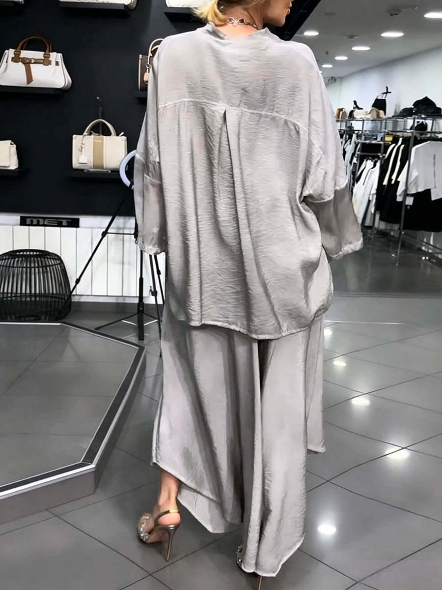Women's Solid Color V-neck Long-sleeve Loose Casual Top And High-waisted Loose Wide-leg Pants Set