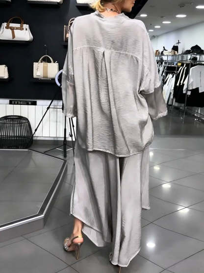 Women's Solid Color V-neck Long-sleeve Loose Casual Top And High-waisted Loose Wide-leg Pants Set