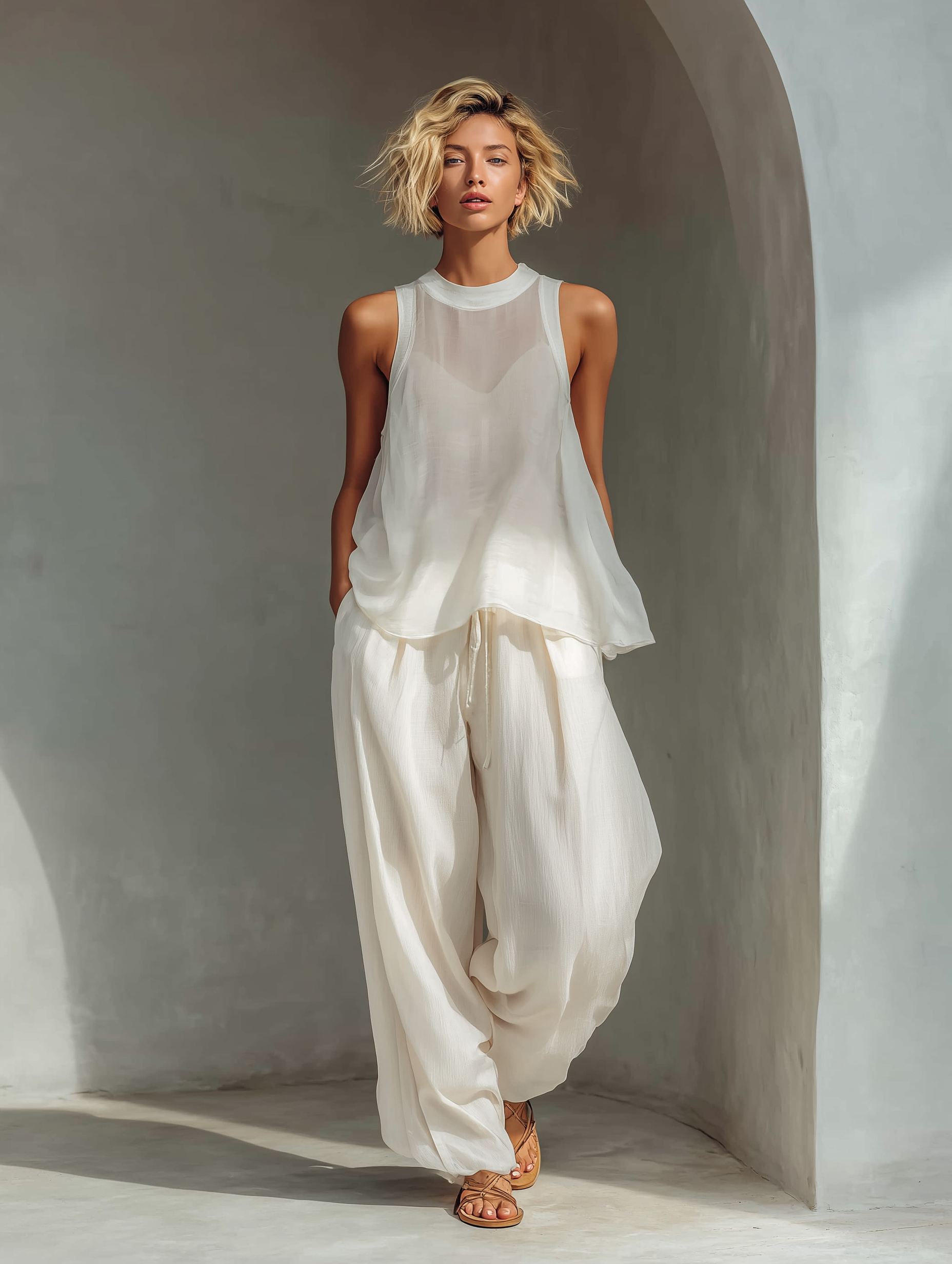 Women's Cream Two-Piece Set With Semi-sheer Chiffon Sleeveless Top & Cotton And Linen Blend Drawstring Wide-Leg Trousers