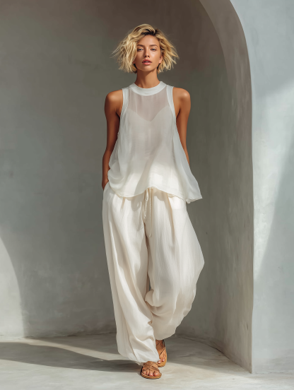 Women's Cream Two-Piece Set With Semi-sheer Chiffon Sleeveless Top & Cotton And Linen Blend Drawstring Wide-Leg Trousers