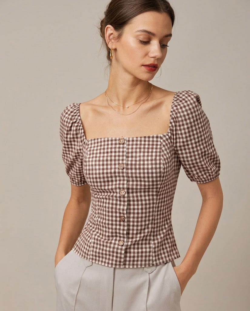 New Arrival 🌼 Brown Square Neck Puffed Sleeve Plaid Blouse