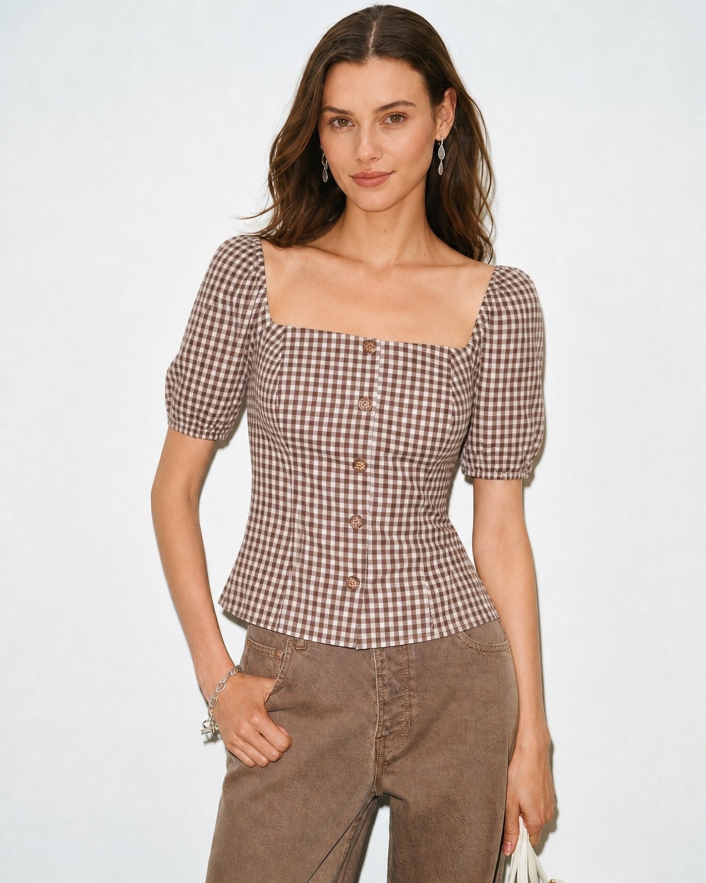 New Arrival 🌼 Brown Square Neck Puffed Sleeve Plaid Blouse