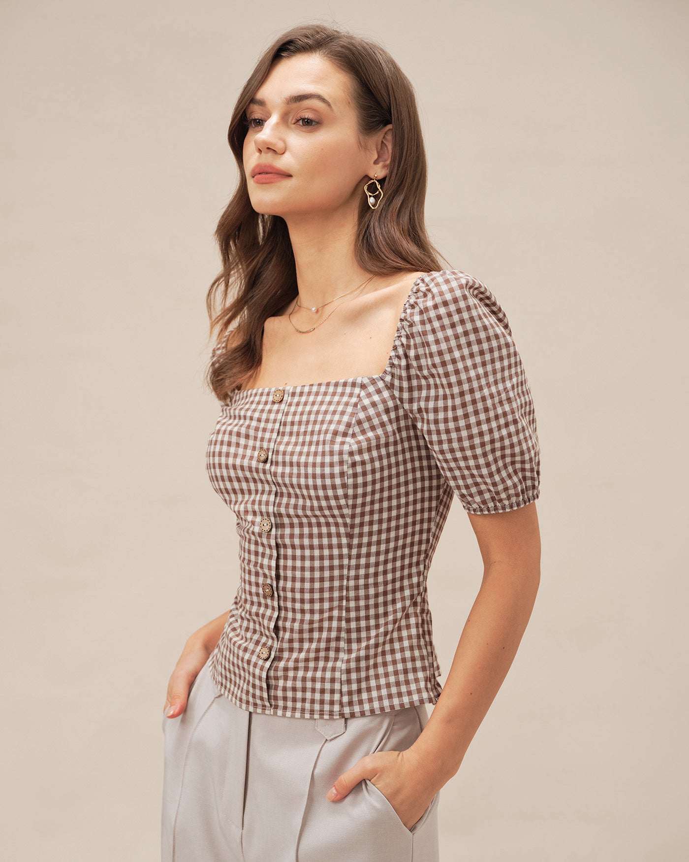 New Arrival 🌼 Brown Square Neck Puffed Sleeve Plaid Blouse