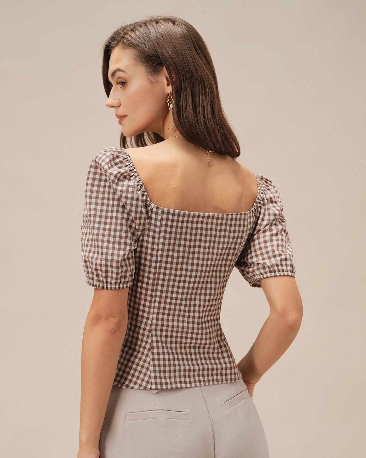 New Arrival 🌼 Brown Square Neck Puffed Sleeve Plaid Blouse