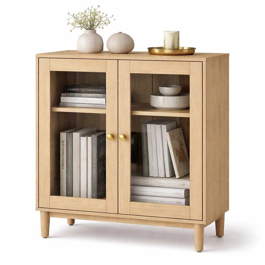 Meuble bas bois avec portes vitres rangement-rovalenix