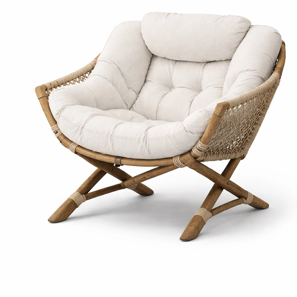 Fauteuil lounge bois et corde avec coussin pais-rovalenix
