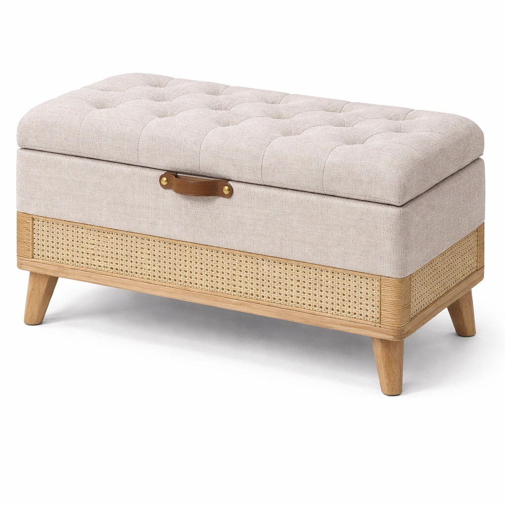 Banc coffre tissu beige et rotin naturel capitonn-rovalenix