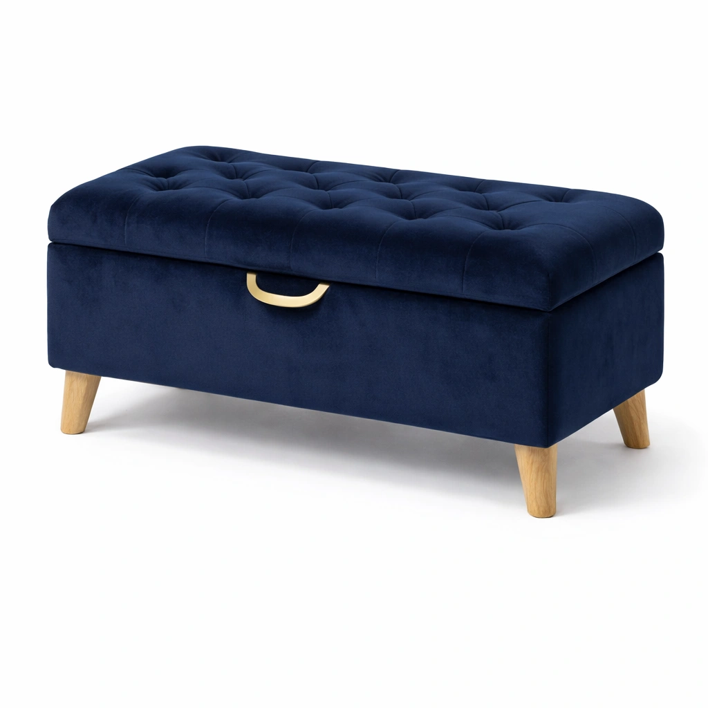 Banc coffre velours bleu capitonn pieds bois-rovalenix