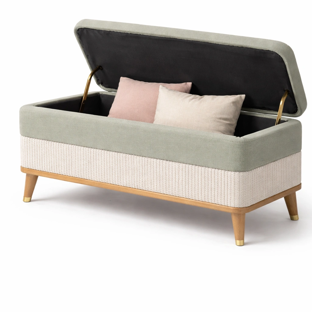 Banc coffre tissu vert et base tresse rangement-rovalenix