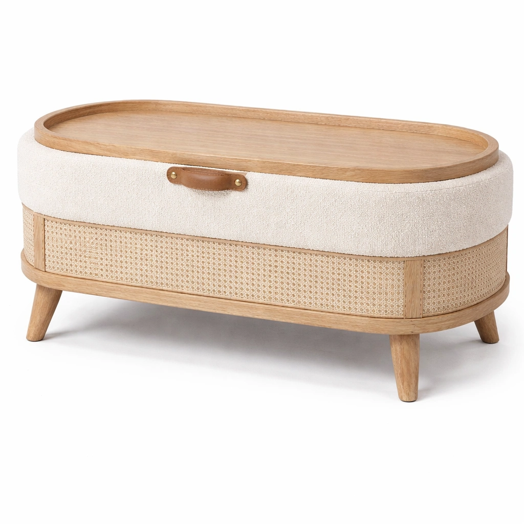 Banc coffre avec plateau bois et rotin naturel-rovalenix