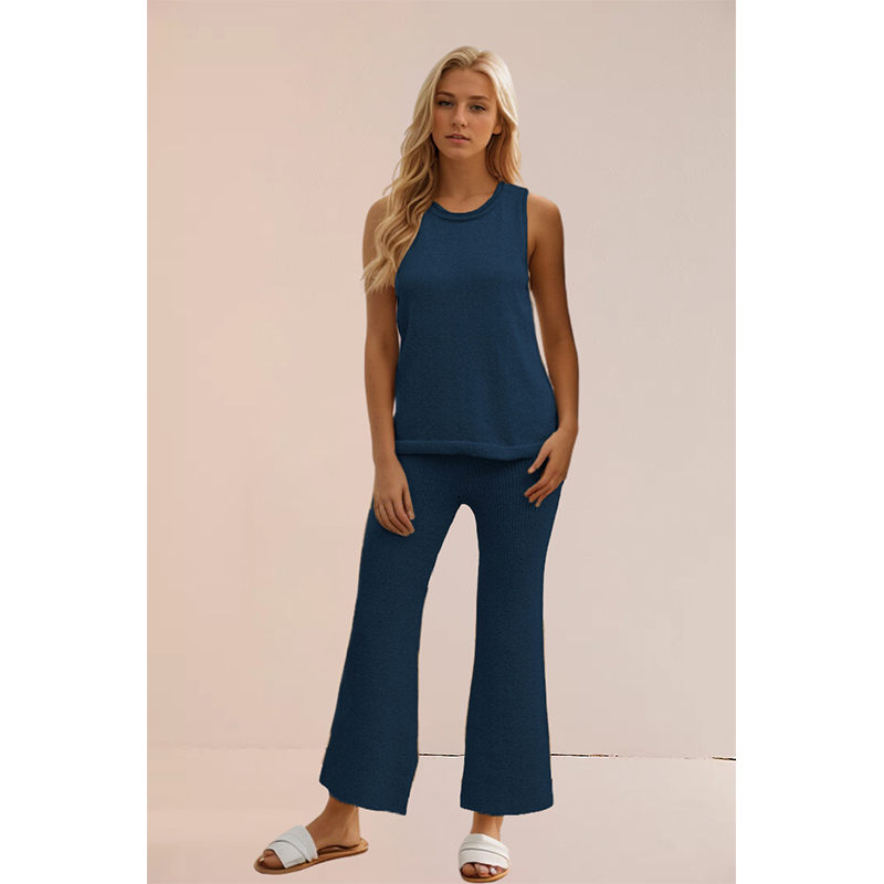 Summer new solid color knitted casual suit simple European and American style vest pullover two-piece set for women