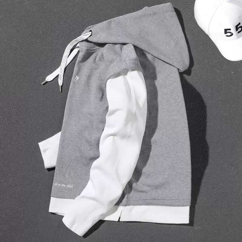 Handsome heavyweight gray fake two-piece 2023 spring, autumn and winter hooded large size top loose pullover long-sleeved sweatshirt for men