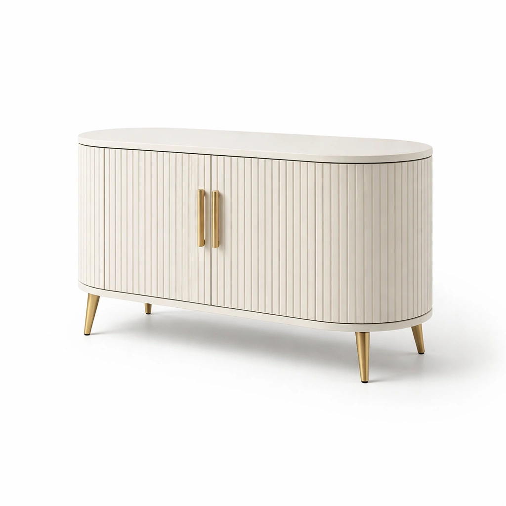 Buffet arrondi design minimaliste blanc poignes dores