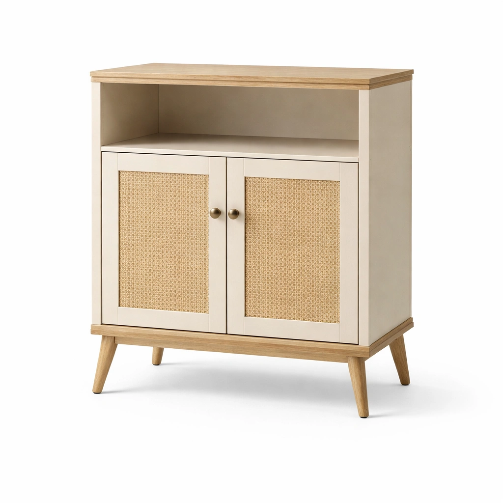 Meuble rangement compact bois clair portes rotin tagre