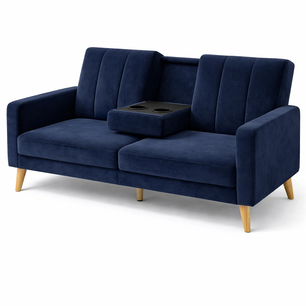 Canap deux places velours bleu avec accoudoir central