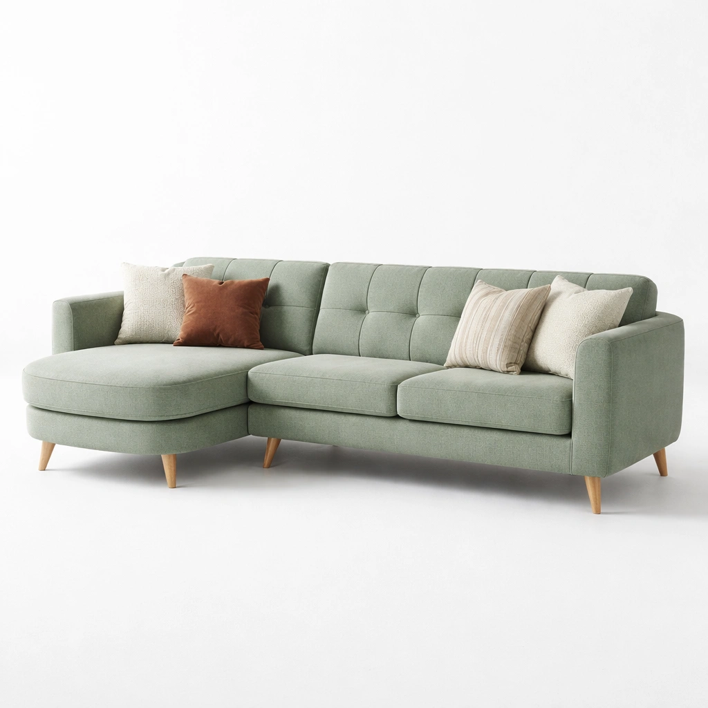 Canap angle tissu vert clair coussins dcoratifs