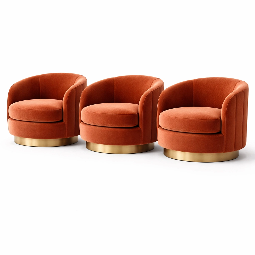 Fauteuil velours orange base mtal dor design arrondi