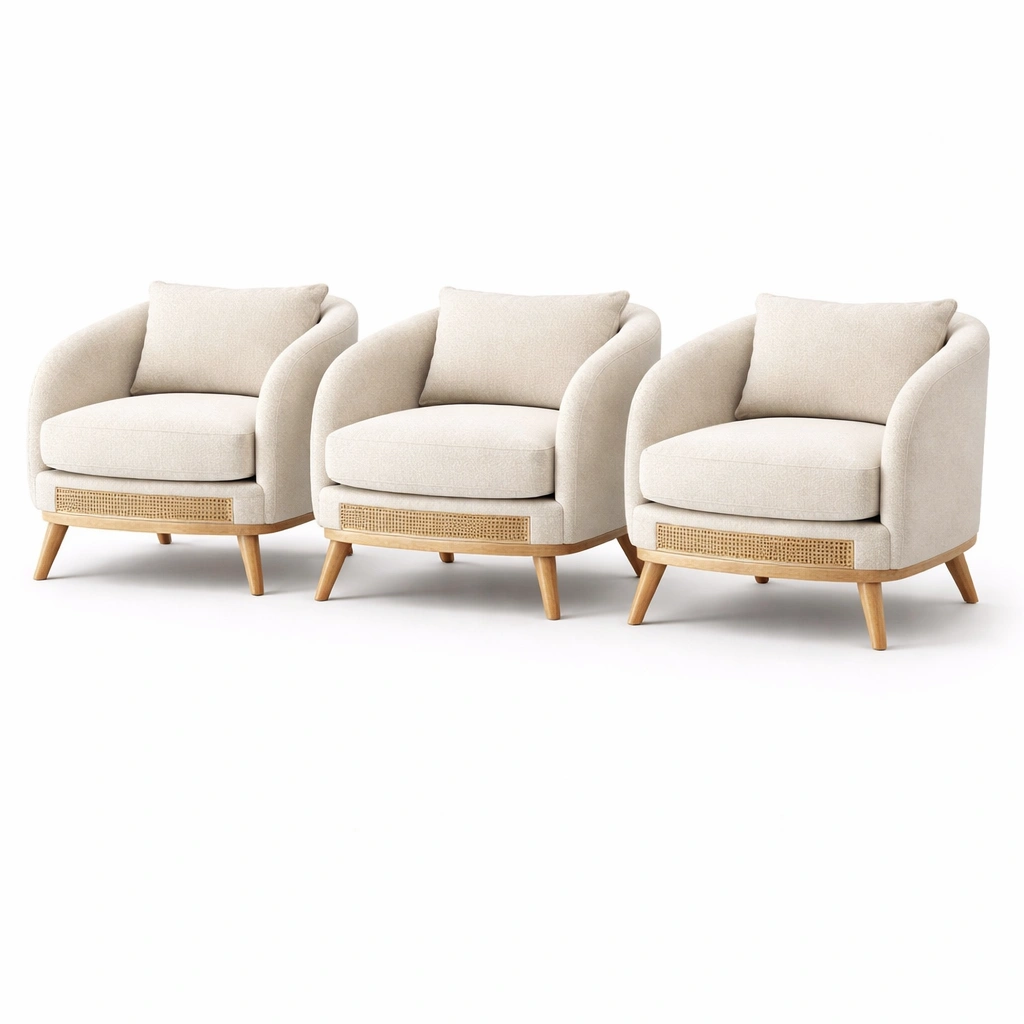 Fauteuil tissu beige avec base bois et cannage dcoratif