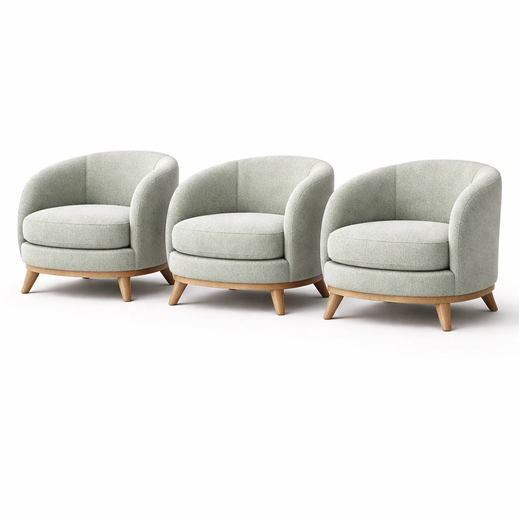 Fauteuil tissu gris clair structure basse design arrondi