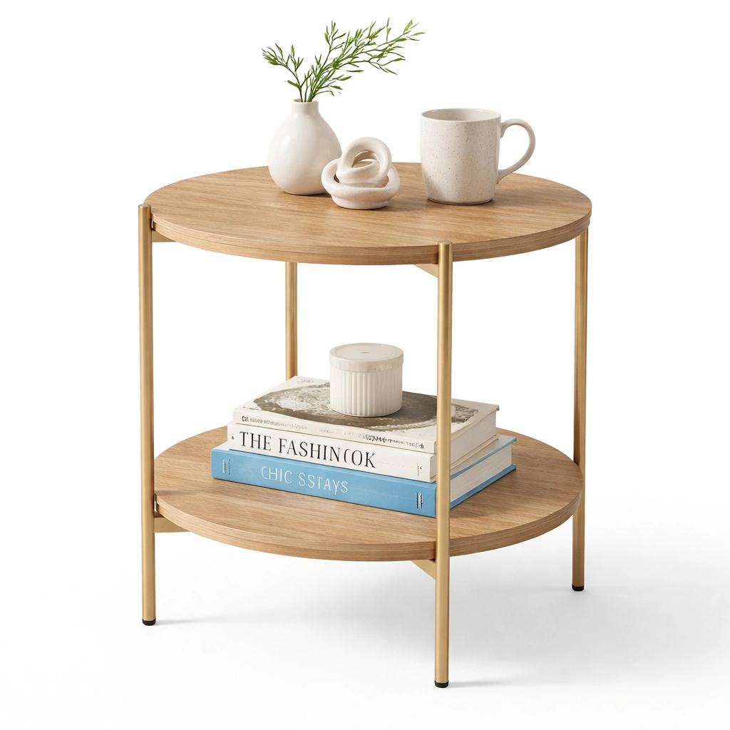 Table dappoint ronde bois clair structure mtal dor double plateau