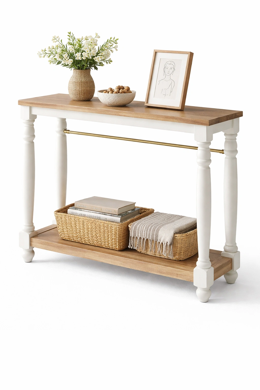 Console bois clair pieds tourns finition blanche tagre basse