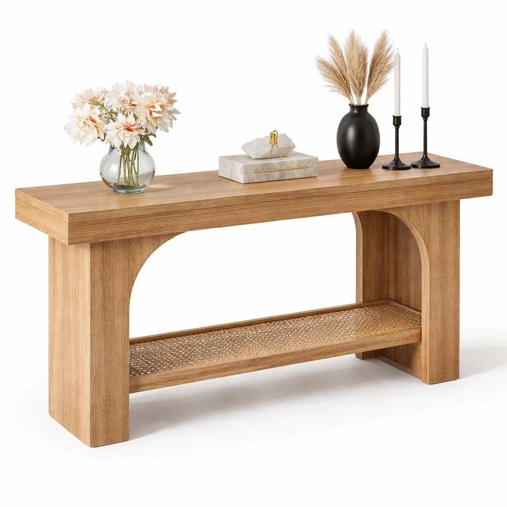Console bois naturel design arche avec tagre infrieure rotin