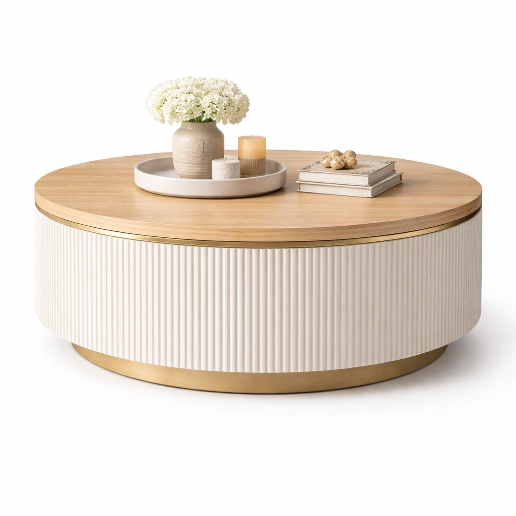 Table basse ronde bois clair base strie finition blanche mtal dor