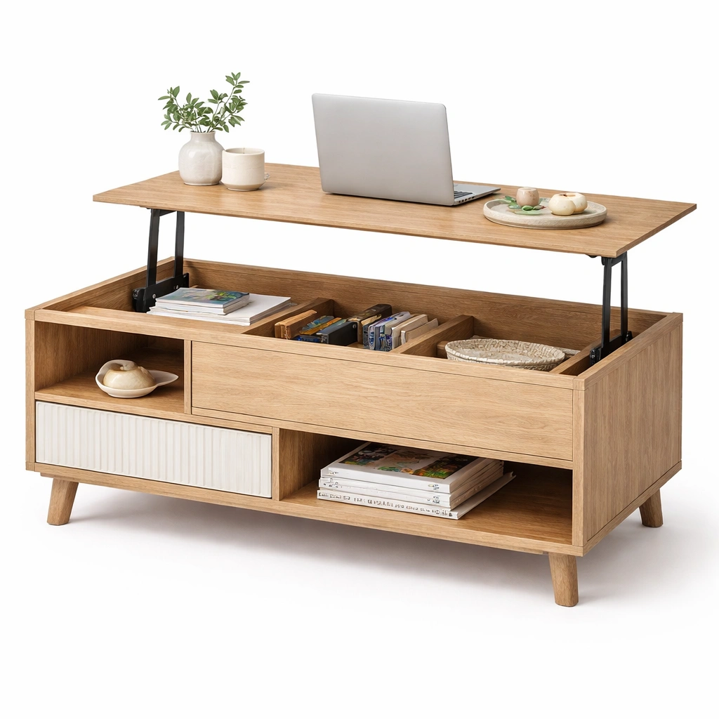 Table basse relevable bois clair rangement intgr structure mtal