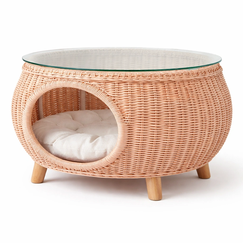 Table basse rotin naturel avec plateau verre design arrondi-vondomdeco