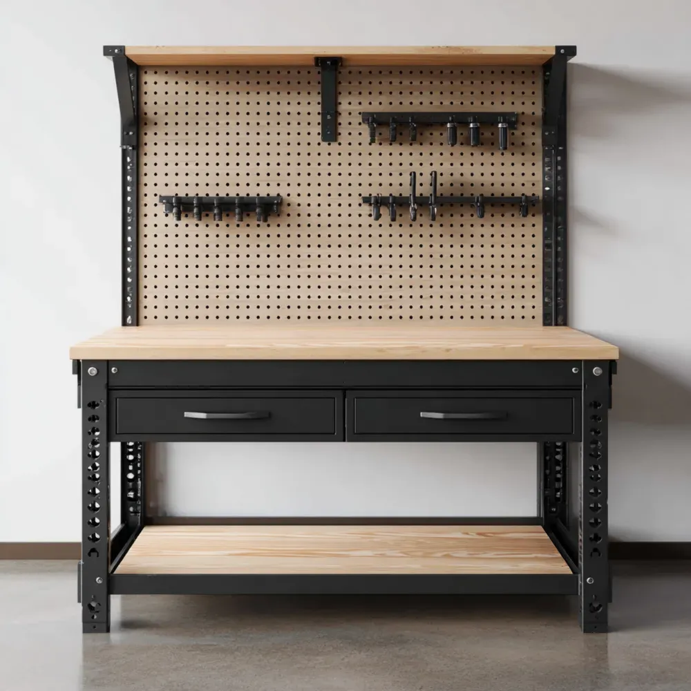 Mesa de Trabajo 120x60x150 cm Metal y Madera - Negro/Natural - Diseño Industrial-Delylahaus