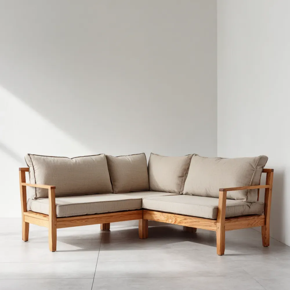 Sofá Esquinero de Madera con Cojines 220x80x75 cm - Beige - Diseño Contemporáneo-Delylahaus