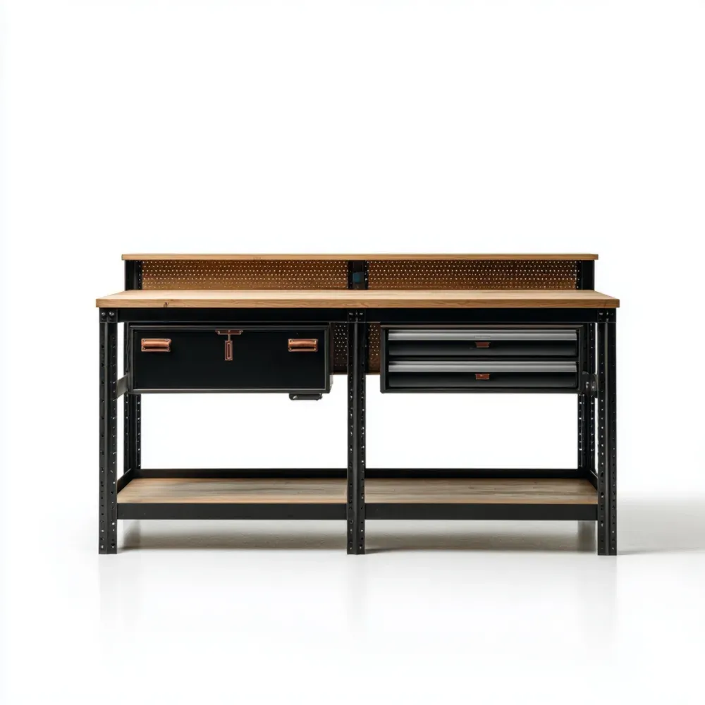 Banco de trabajo de metal 150x60x90 cm con cajones de madera - Negro/Madera Natural-Delylahaus