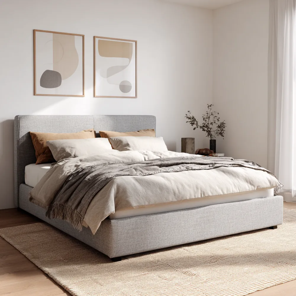 Cama Doble Tapizada en Tela Gris 200x160x100 cm - Diseño Moderno-Delylahaus