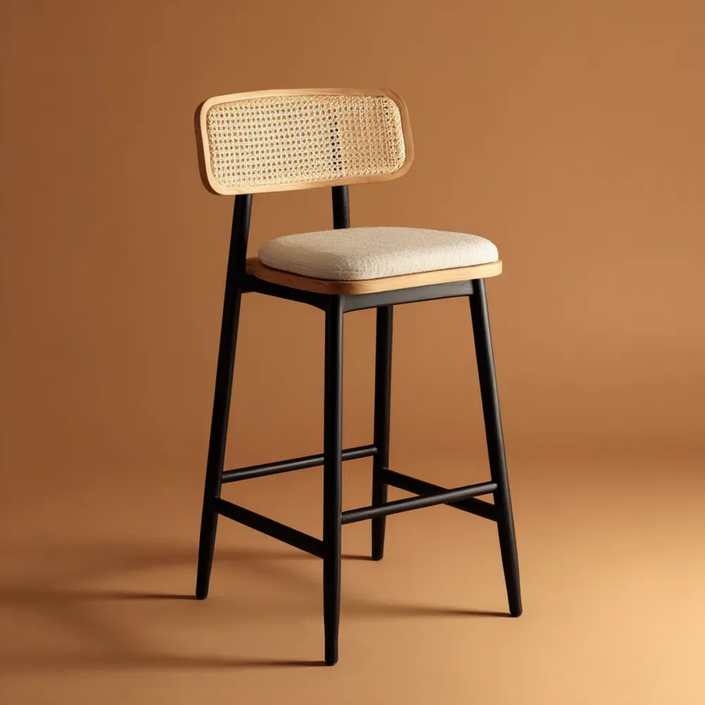 Taburete de Bar 44x50x110 cm Madera y Rattan Asiento Tapizado - Beige/Negro-Delylahaus