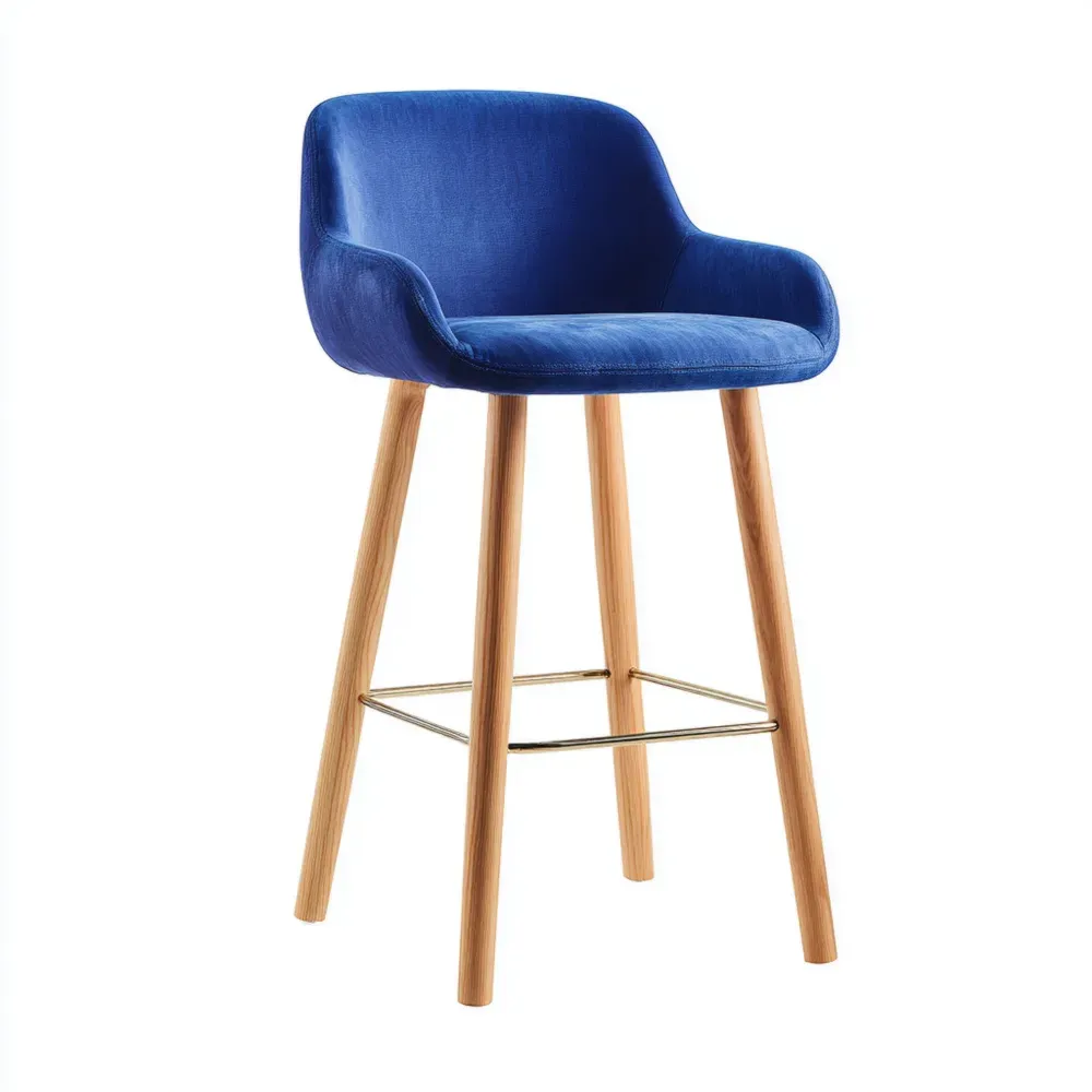 Taburete de Barra 45x40x100 cm Terciopelo Azul Patas de Madera - Diseño Moderno-Delylahaus
