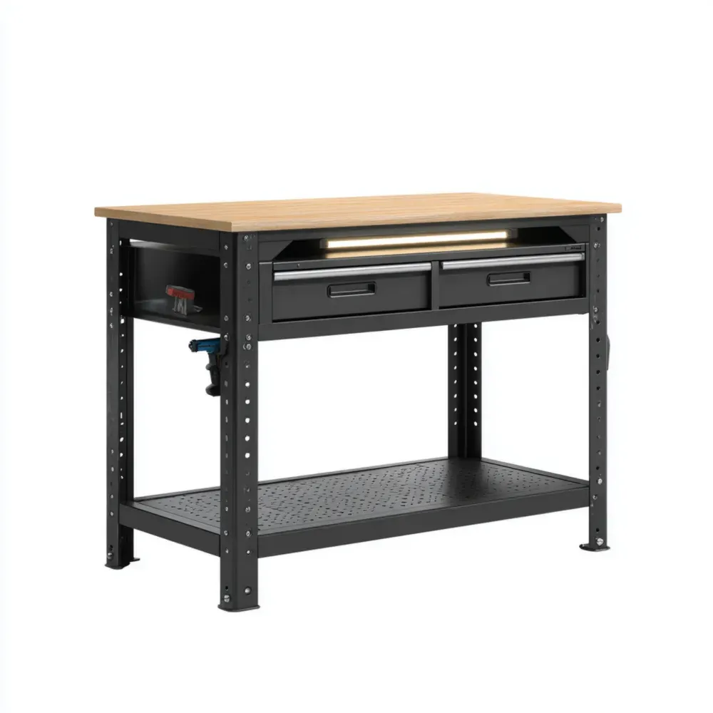 Mesa de Trabajo 120x60x90 cm Metal/Madera con Cajones - Negro/Natural-Delylahaus