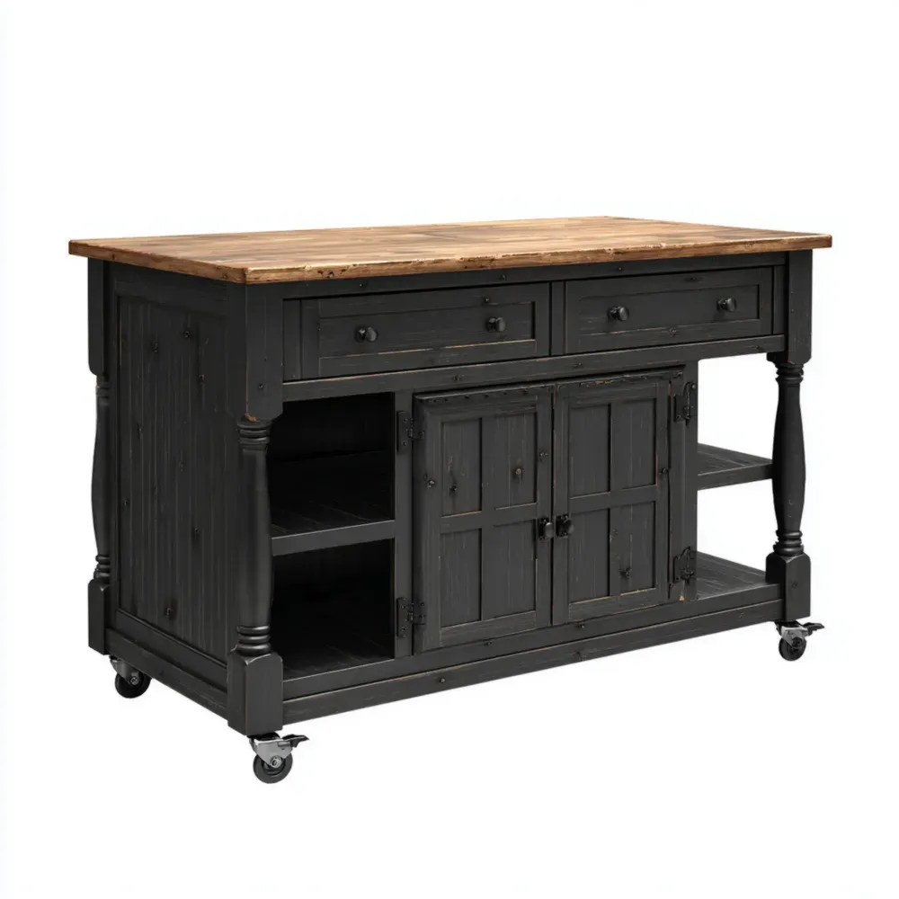 Carro de Cocina de Madera 120x50x90 cm - Negro/Natural - Estilo Rústico-Lumter