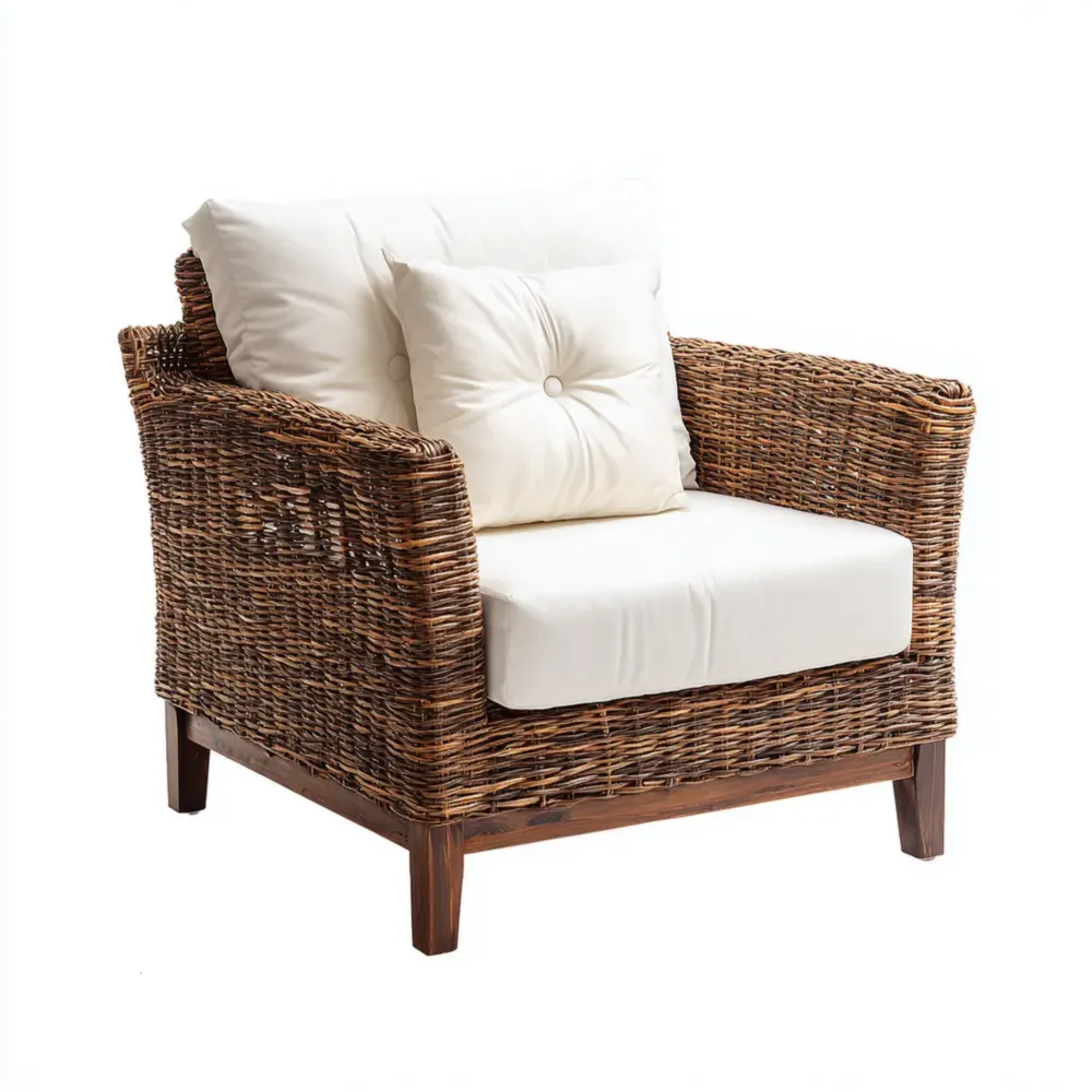 Sillón de Exterior Ratán Sintético 80x75x85 cm - Marrón Claro/Blanco - Cojín Removible-Lumter