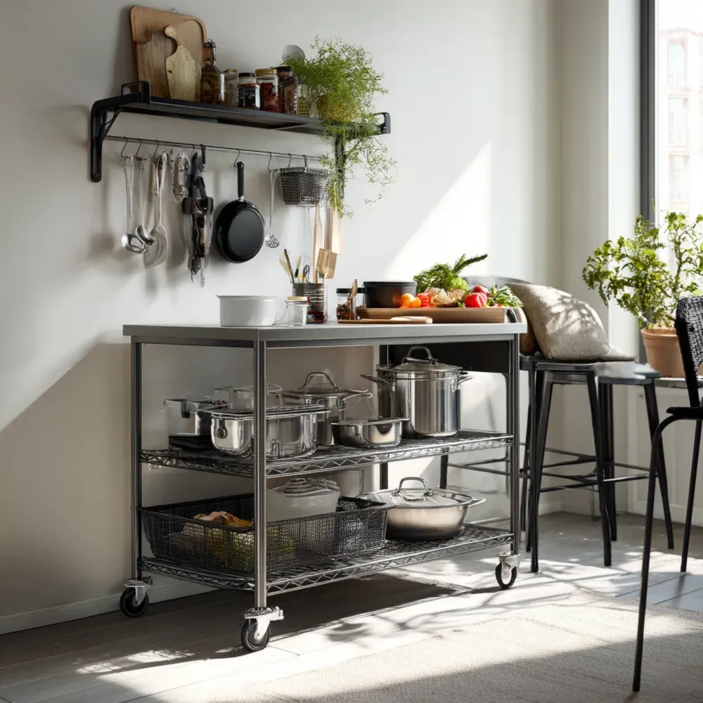 Carro de Cocina de Acero Inoxidable con Ruedas – 120x60x90 cm – Almacenaje Moderno-Lumter