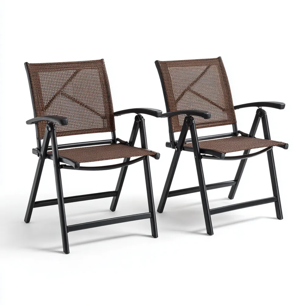 Conjunto de Sillas Plegables de Jardín 55x70x85 cm Estructura de Metal y Revestimiento de Textileno Marrón – Diseño Compacto-Lumter