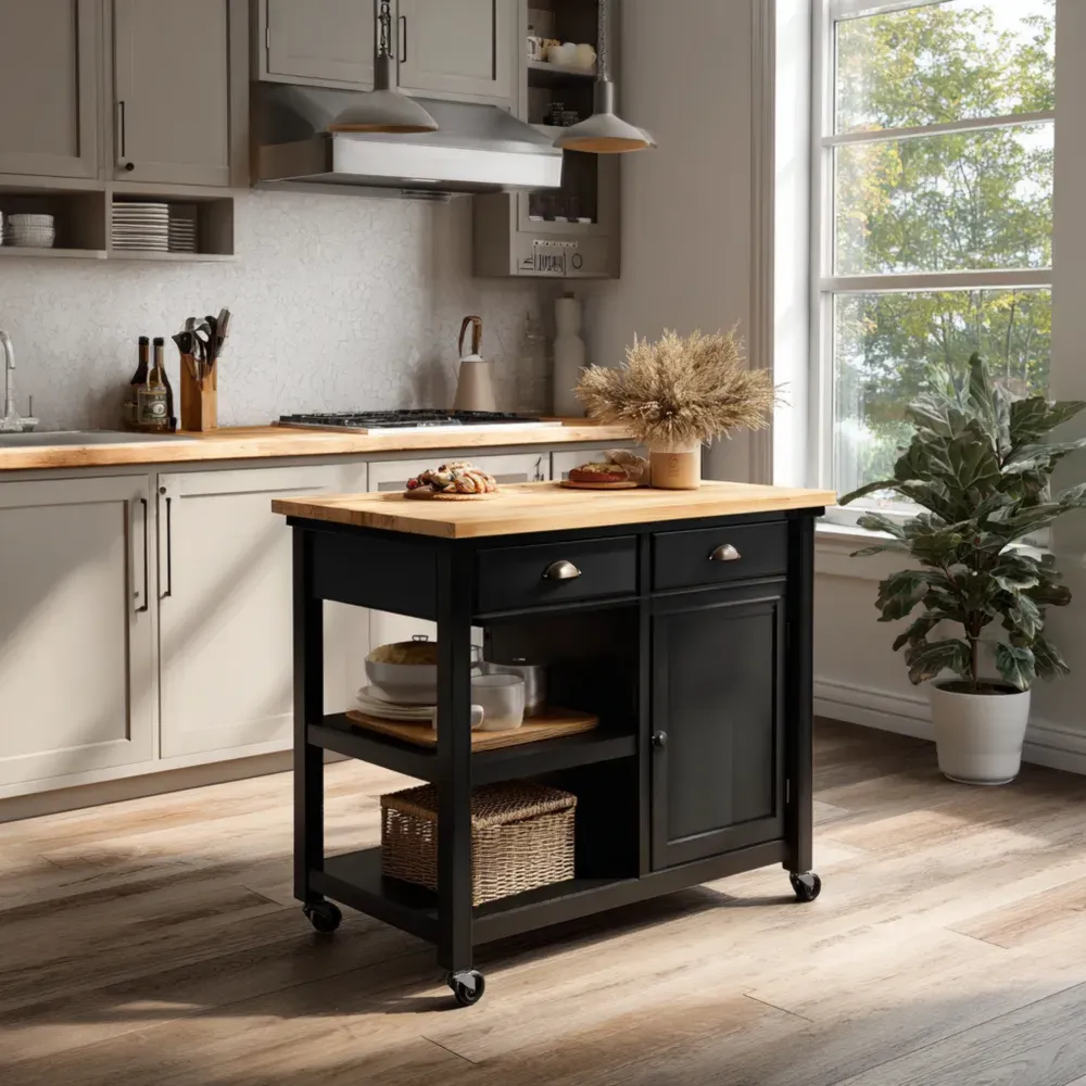 Carro de Cocina 90x60x85 cm con Encimera de Madera - Negro-Lumter