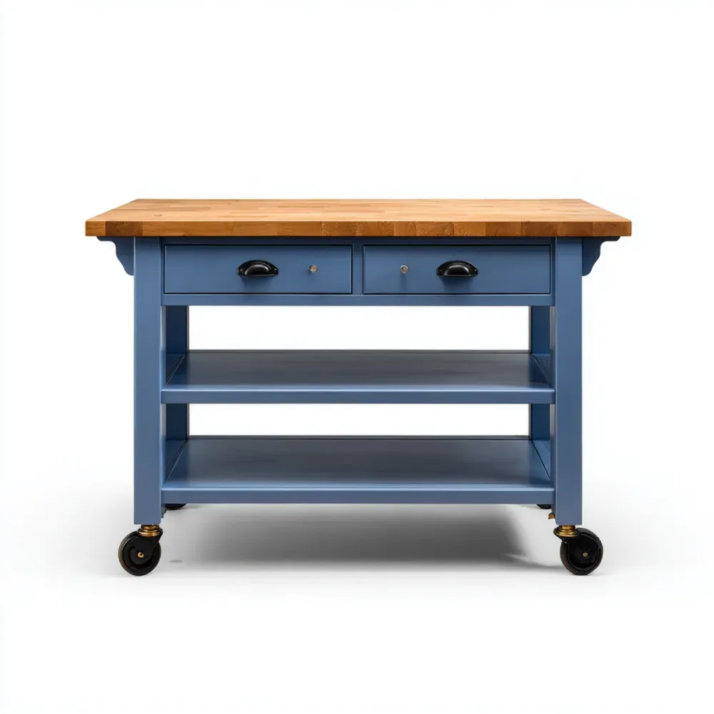 Carro de Cocina 120x60x90 cm con Encimera de Madera - Azul - Diseño Clásico-Lumter