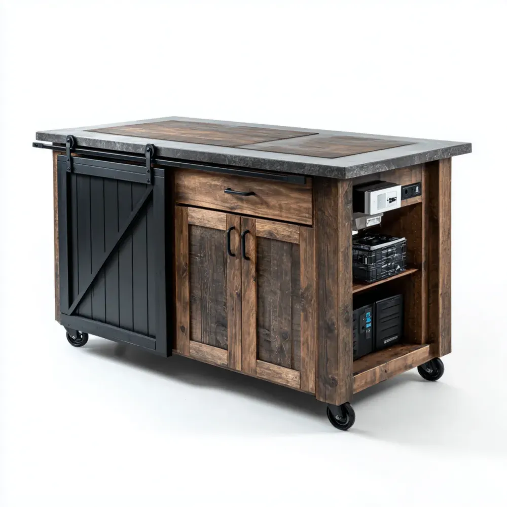 Carro de Cocina 120x60x90 cm de Madera Oscura y Negro con Ruedas - Estilo Rústico-Lumter