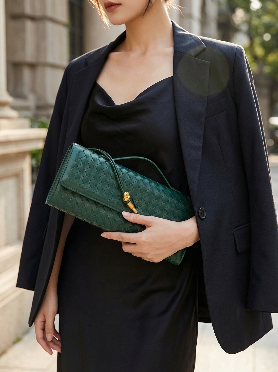 Hand-Woven Vegan Leather Long Clutch Bag - Elegant Accordion Crossbody Bag with Gold Knot Hardware