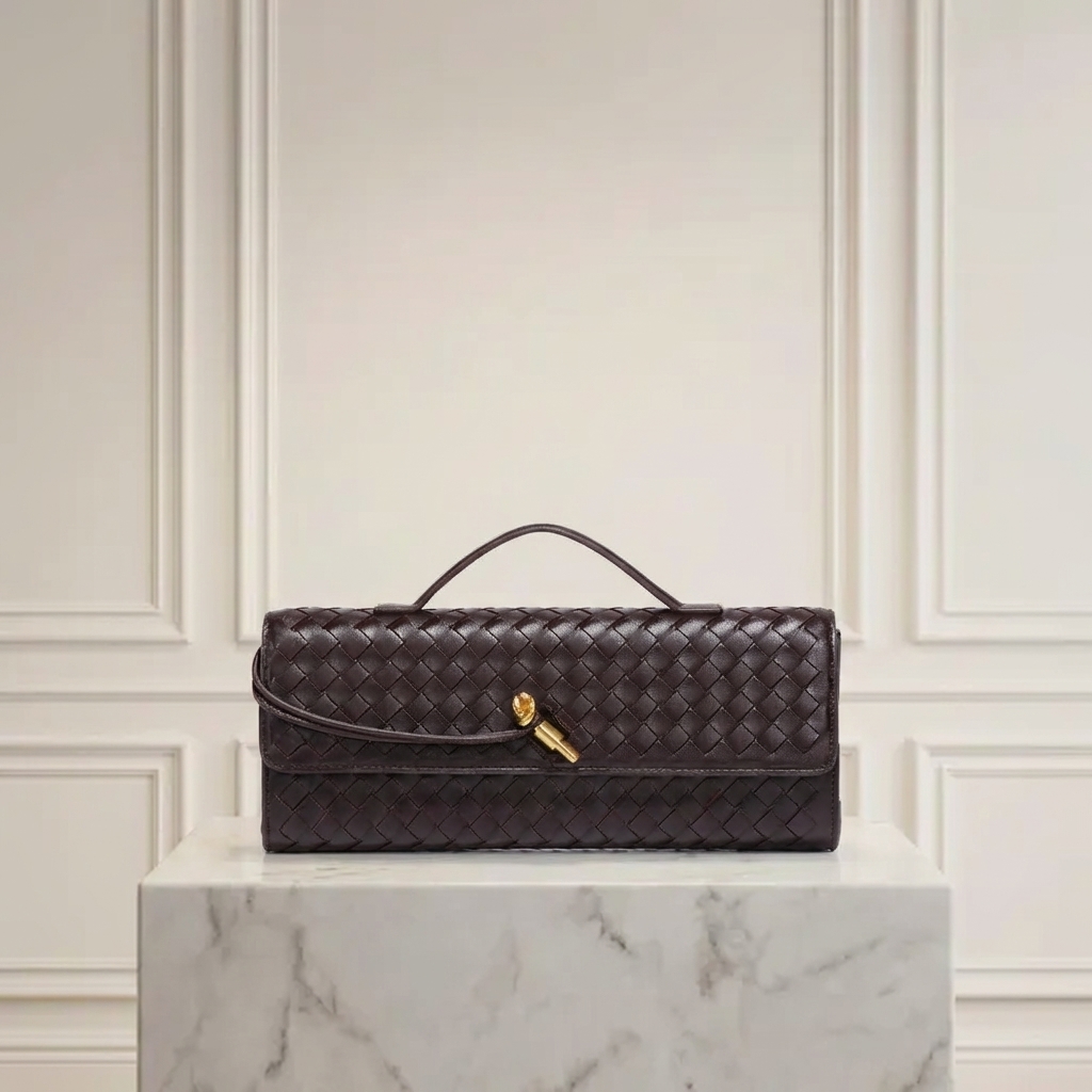 Hand-Woven Vegan Leather Long Clutch Bag - Elegant Accordion Crossbody Bag with Gold Knot Hardware