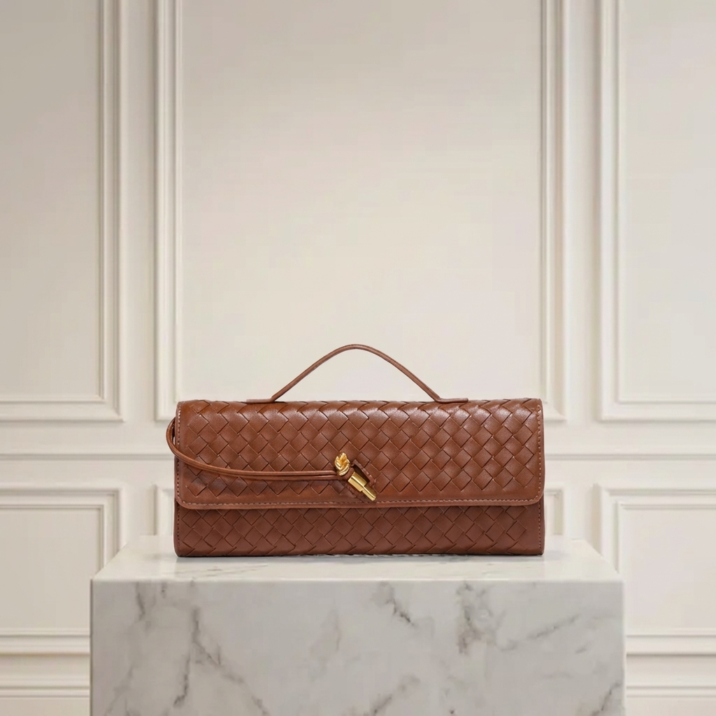 Hand-Woven Vegan Leather Long Clutch Bag - Elegant Accordion Crossbody Bag with Gold Knot Hardware