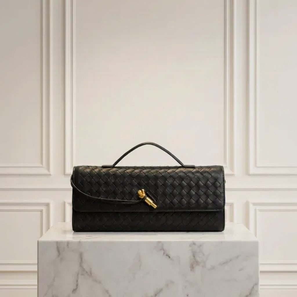 Hand-Woven Vegan Leather Long Clutch Bag - Elegant Accordion Crossbody Bag with Gold Knot Hardware