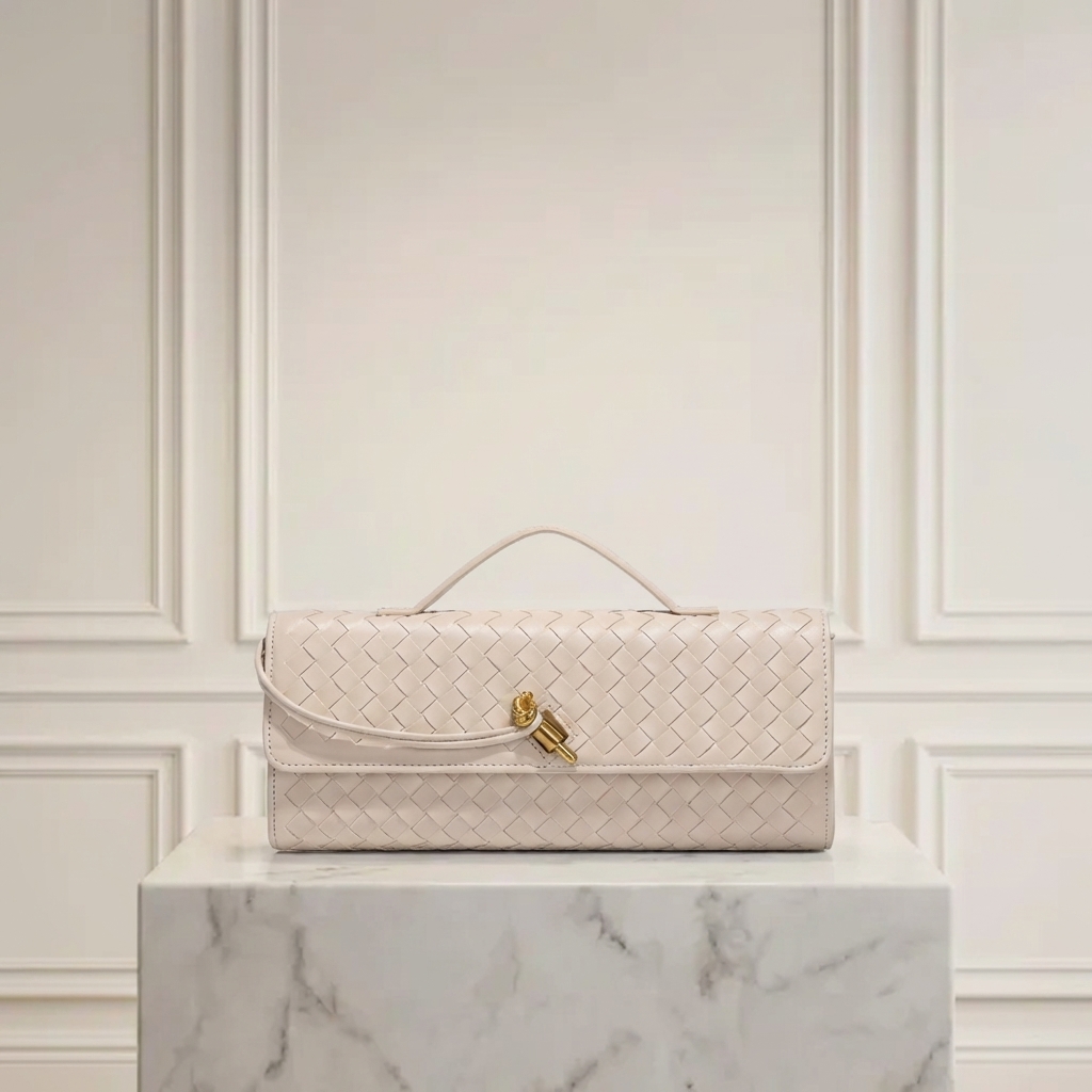 Hand-Woven Vegan Leather Long Clutch Bag - Elegant Accordion Crossbody Bag with Gold Knot Hardware