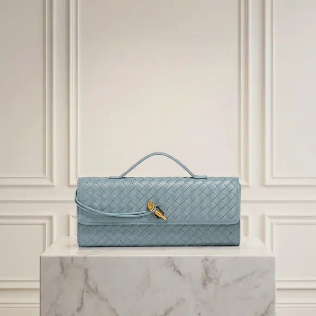 Hand-Woven Vegan Leather Long Clutch Bag - Elegant Accordion Crossbody Bag with Gold Knot Hardware