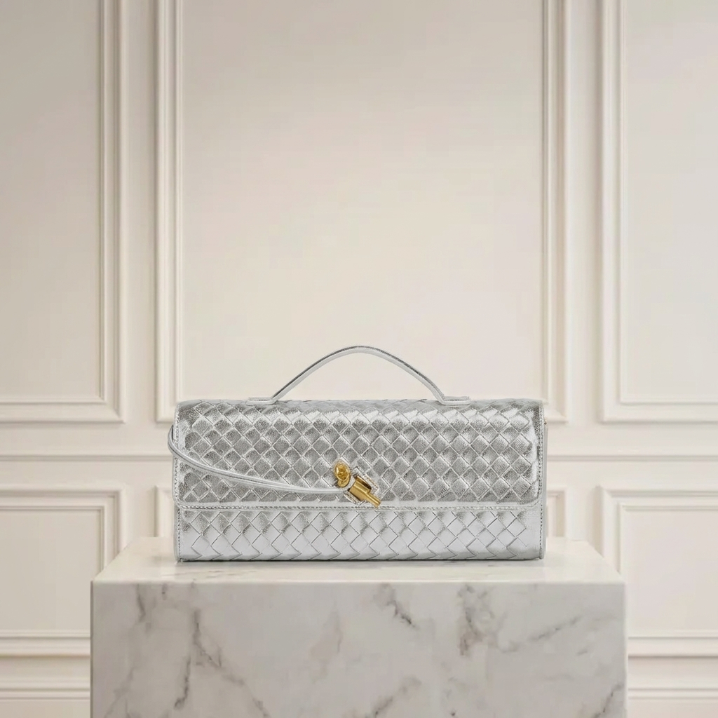 Hand-Woven Vegan Leather Long Clutch Bag - Elegant Accordion Crossbody Bag with Gold Knot Hardware